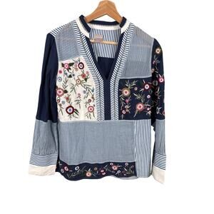 Chico's Womens Size 0 Small Blue Patchwork Floral Embroidered Long Sleeve Blouse